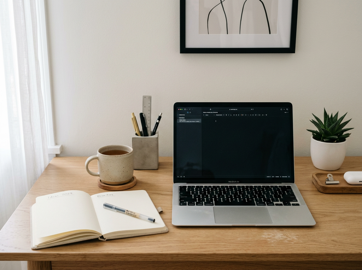 Laptop, open notebook, coffee mug, stationery, and potted plant on wooden desk