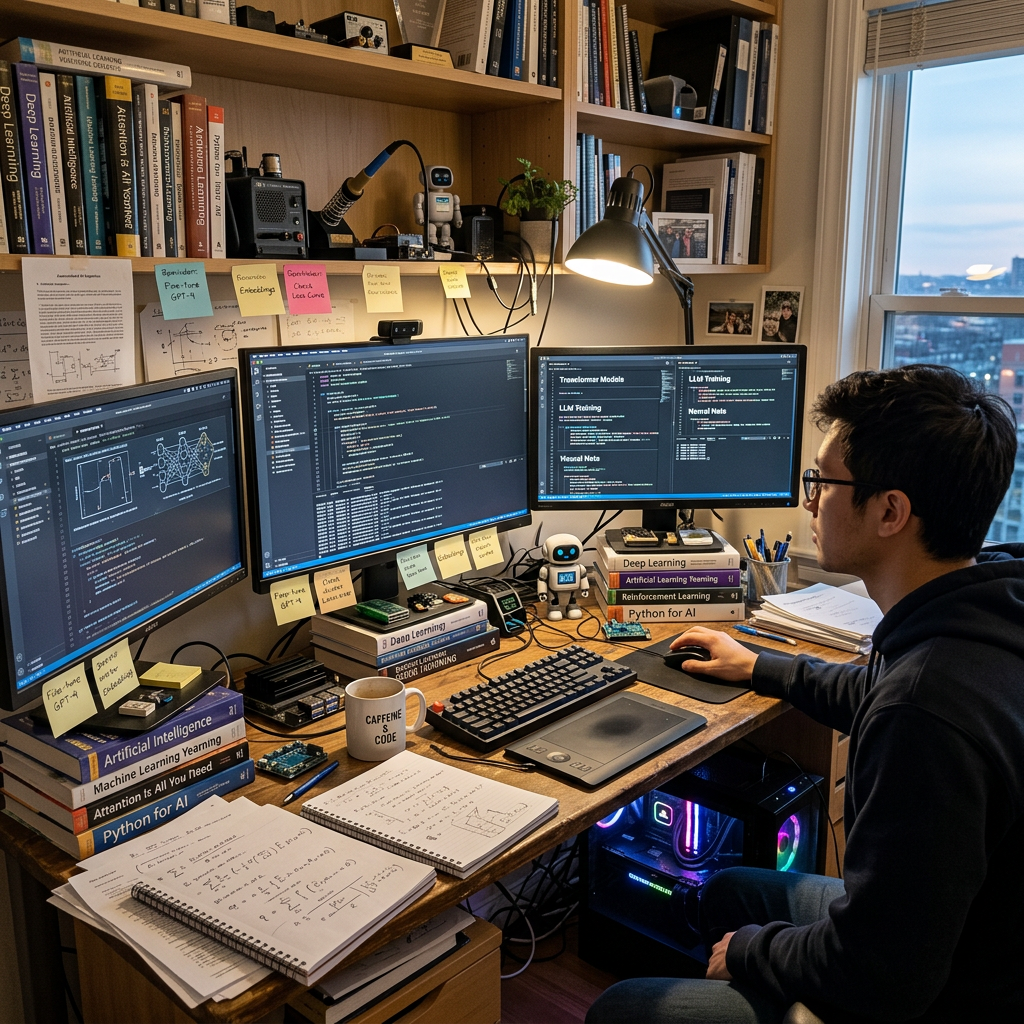 Researcher coding at a multi-monitor artificial intelligence workstation