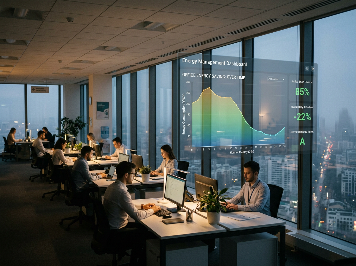 Office workers with an energy management dashboard showing 85% savings, 22% reduction, and A efficiency rating