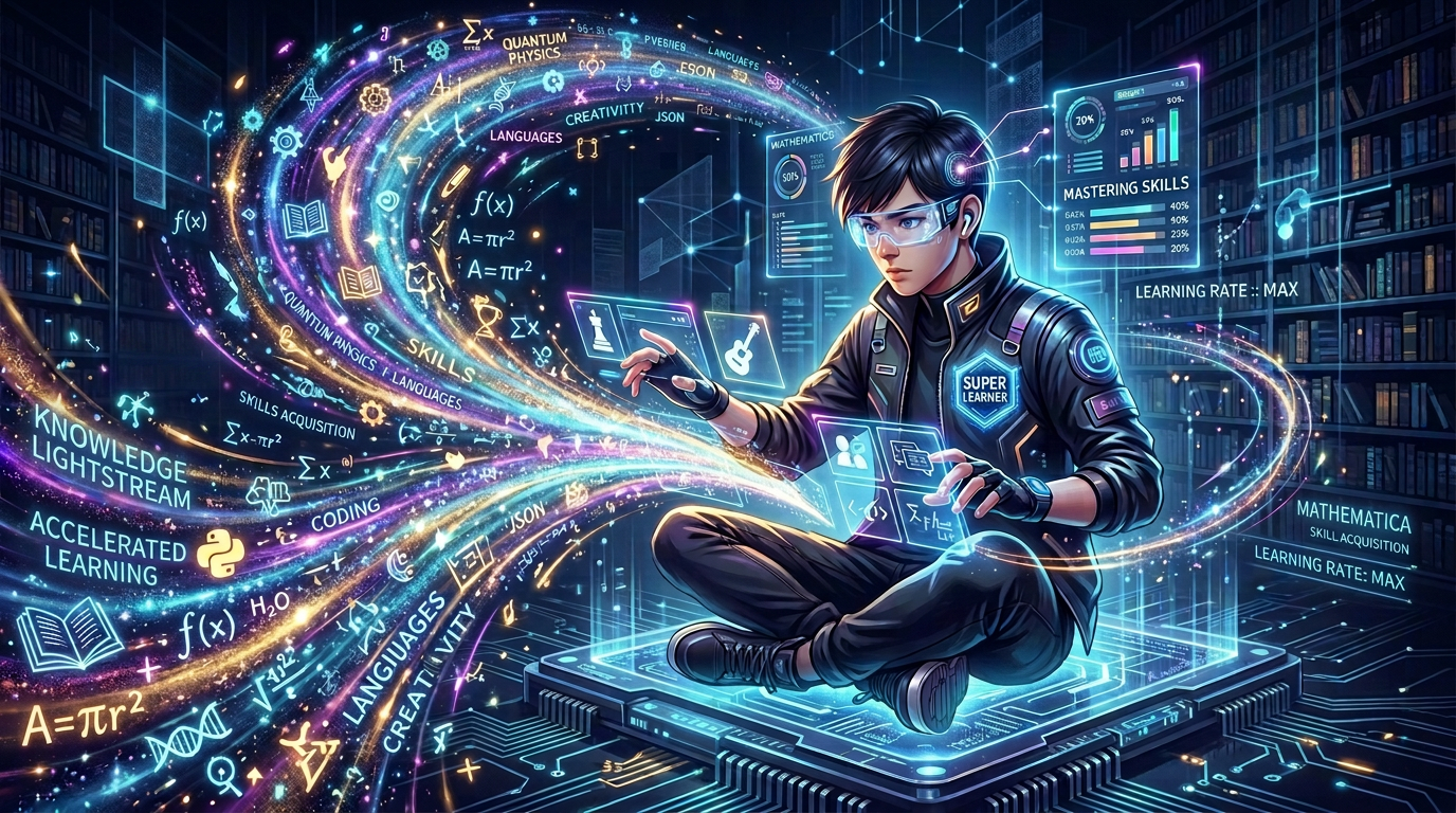 Futuristic learner surrounded by digital symbols, formulas, and skill dashboards