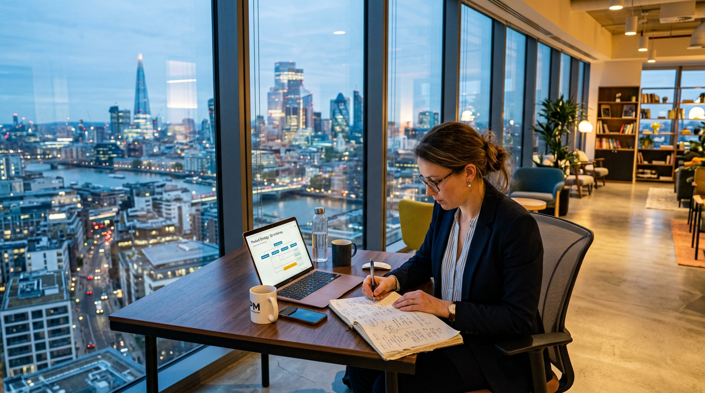Woman writing notes at a desk overlooking London skyline