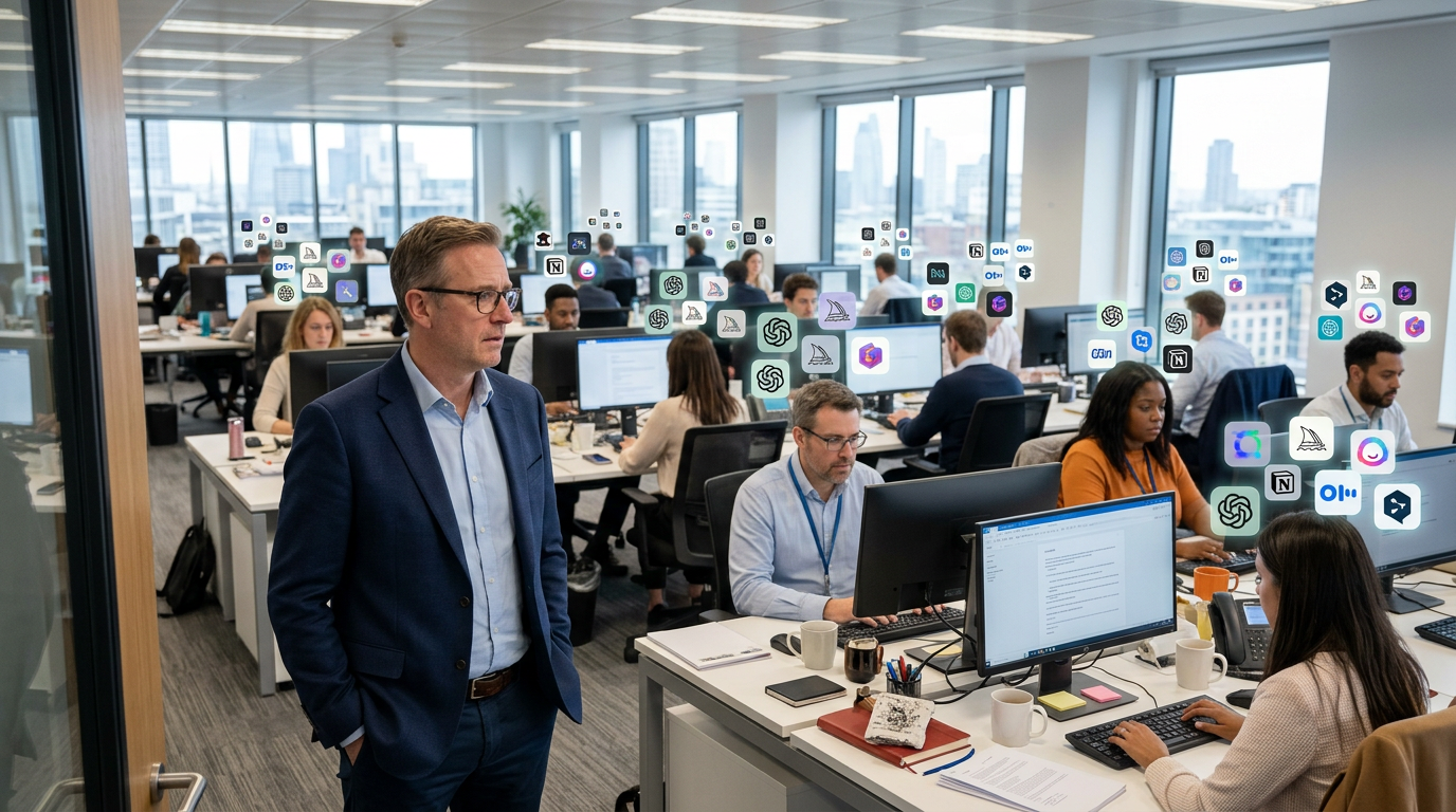 Open-plan office team working with floating digital tool icons