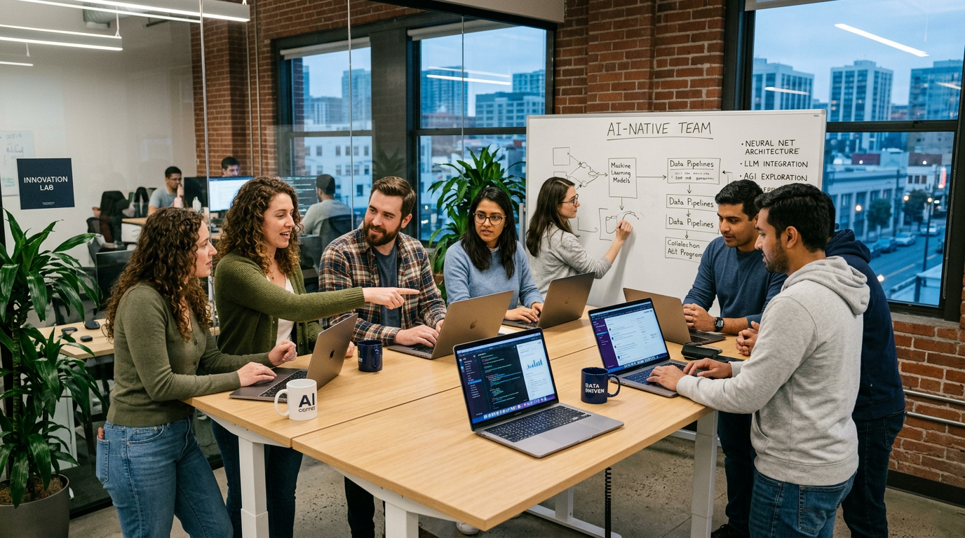 AI-native team collaborating around laptops beside a machine-learning workflow whiteboard