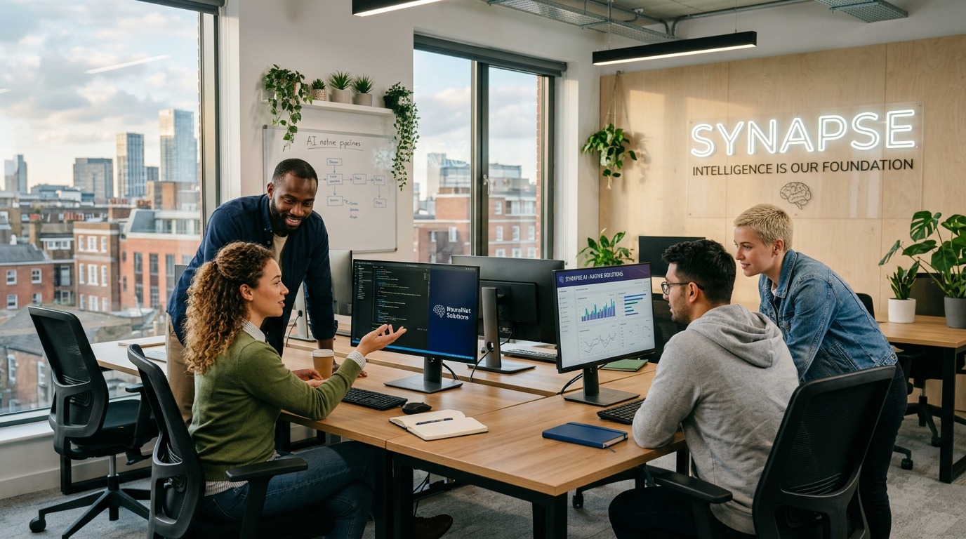 Four colleagues collaborate around computers labeled NeuralNet Solutions and Synapse AI analytics solutions.