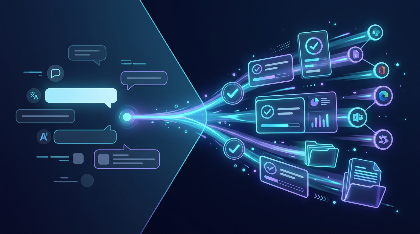 Glowing digital workflow connecting messages, approvals, analytics, files, and applications