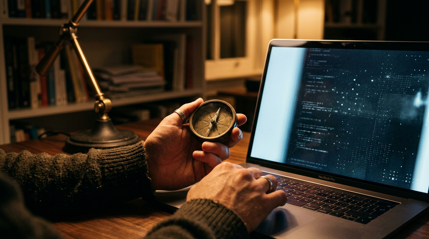 Person holding a compass beside a laptop displaying code