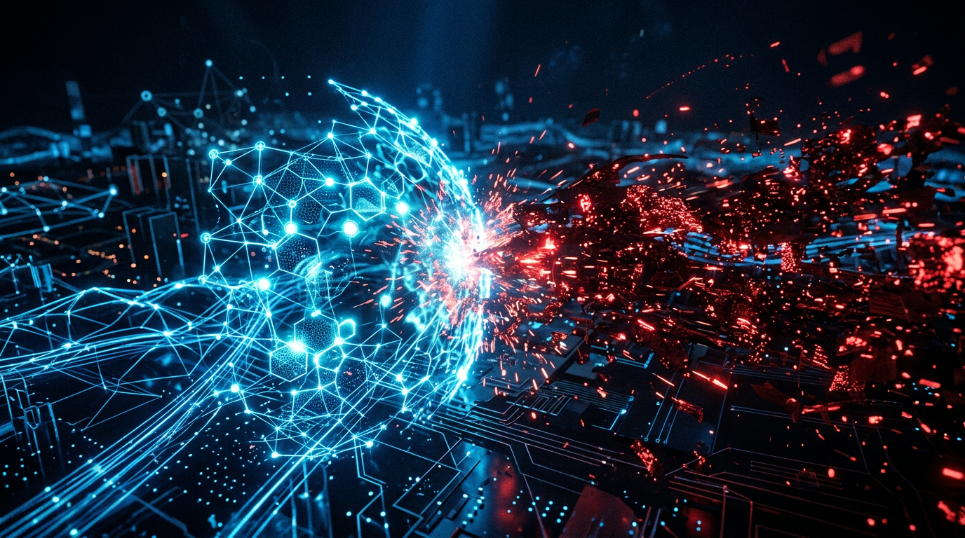 Glowing blue network sphere colliding with red digital fragments
