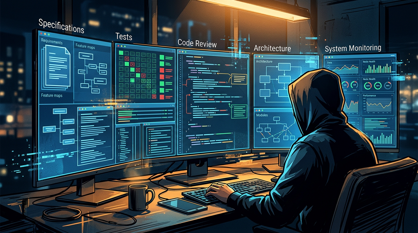 Developer reviewing software specifications, tests, code, architecture, and system monitoring dashboards