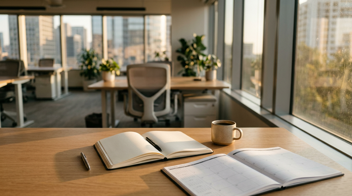 Open notebook, planner, pens, and coffee on an office desk
